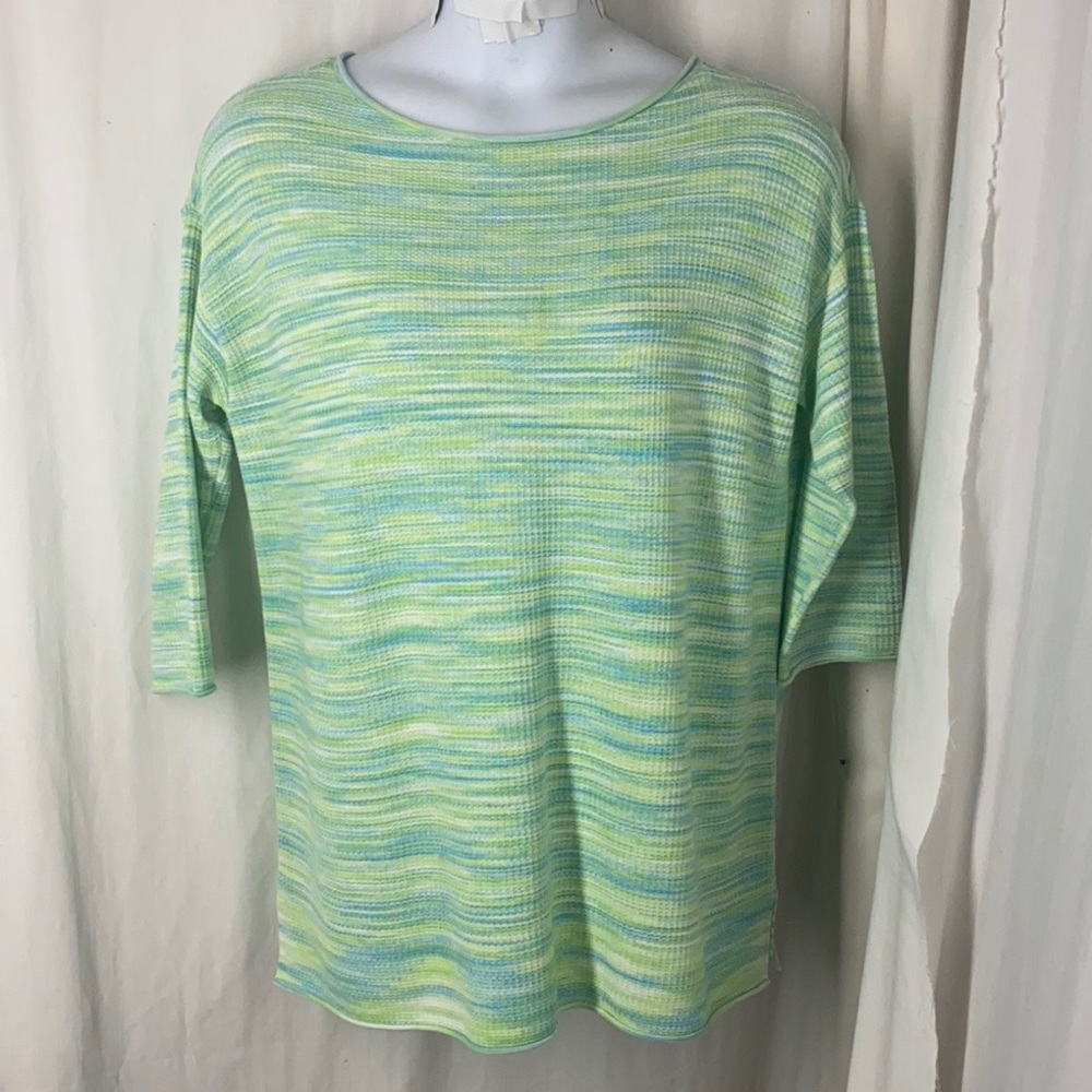 TALBOTS 1x Waffle Knit Sweater Green Yellow Blue 3/4 Sleeve
